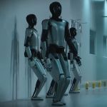 Drei MagicBot Gen2 Roboter stehen in futuristischer Innenumgebung nebeneinander